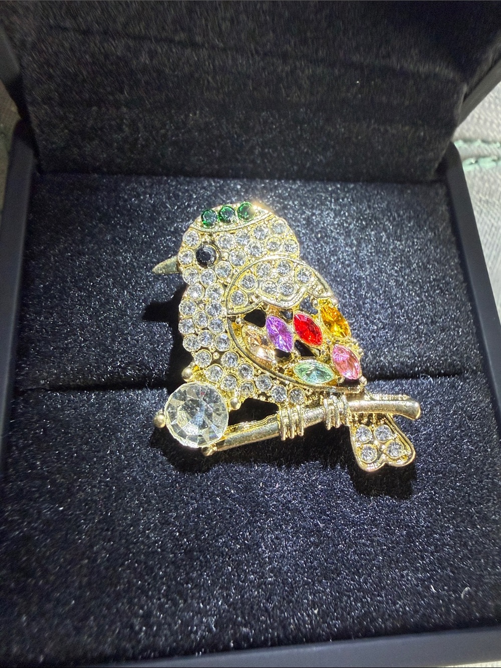 Gold Crystal Bird Brooch with Multicolor Gem Accents